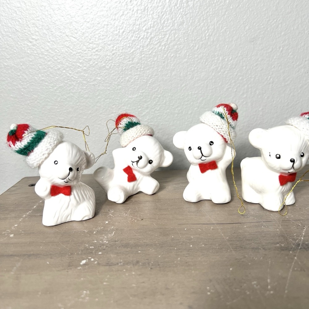 Vintage White Ceramic Snow‎ Bear Ornaments Knit Hats Red Bow Christmas Set of 4